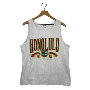 Vtg Softee 90s Honolulu Hawaii Tank Top USA Large Gray Beach Surf Travel Shirt